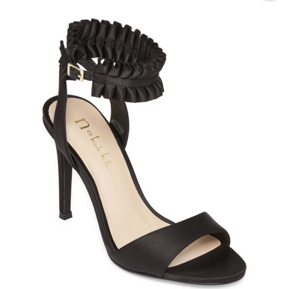 Black satin pumps open toe stiletto heel